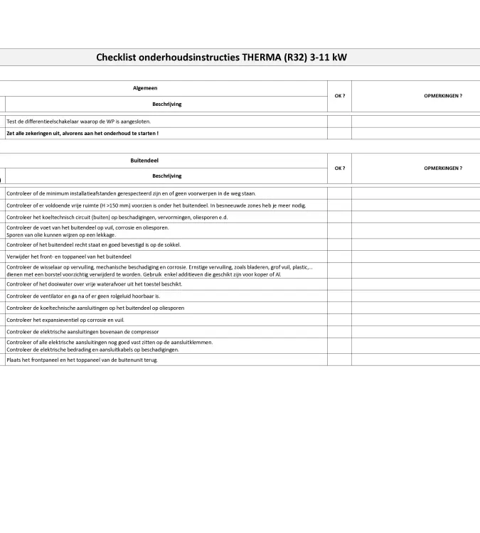 SI_Checklist onderhoudsinstructies THERMA (R32) 3-11 kW